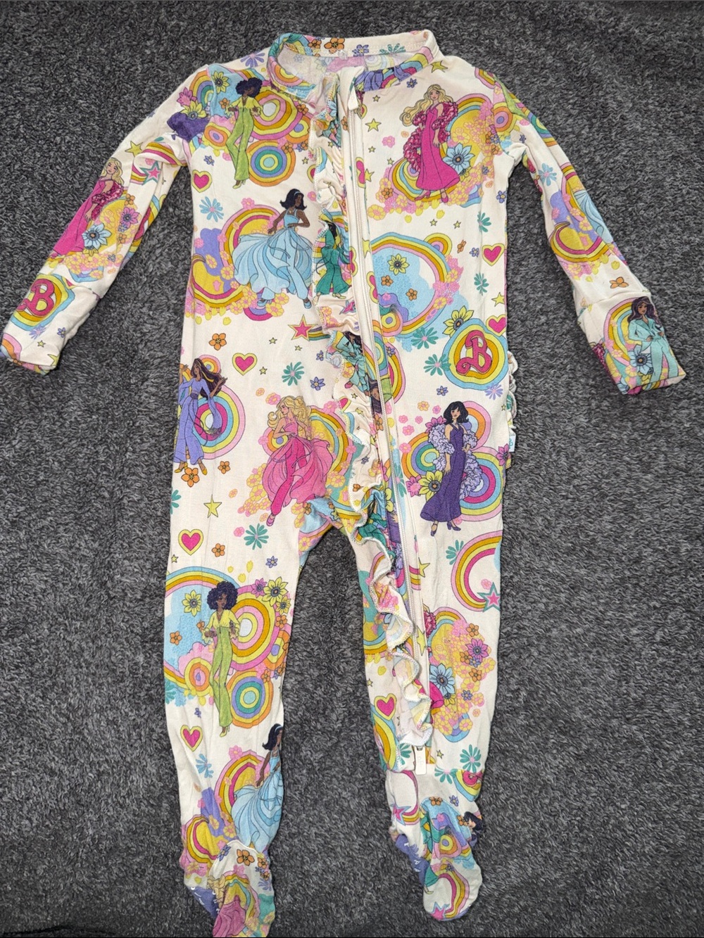 Posh Peanut White Multi-Color Princess Print Footed One-Piece
